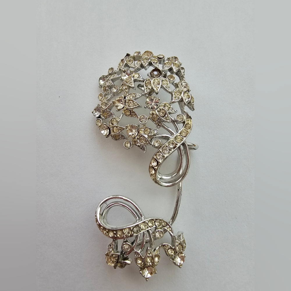 Vintage 1950s Rhodium Plated Rhinestone Spray Brooch Mid-Century Navette Floral